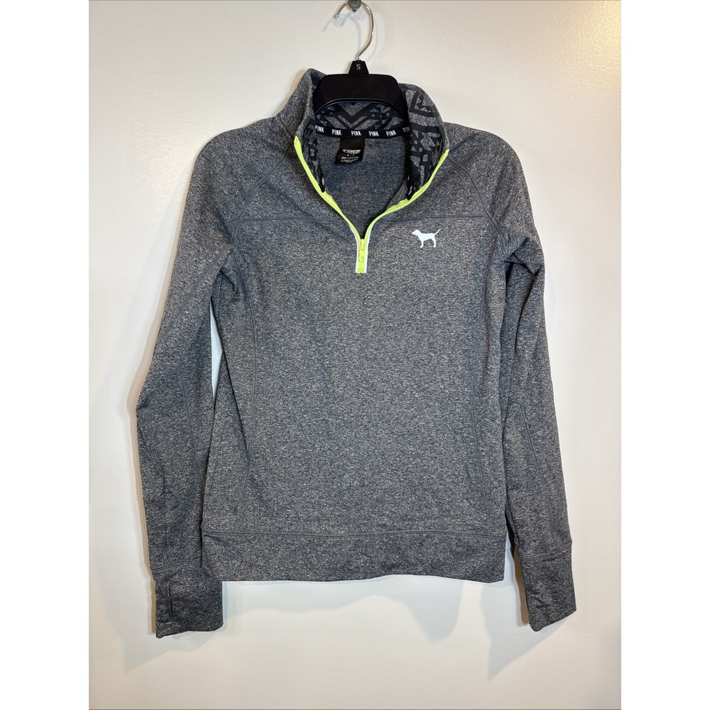 Victoria's Secret Pink 1/4 Zip Pullover Gray w/Neon Green Trim Size‎ Small